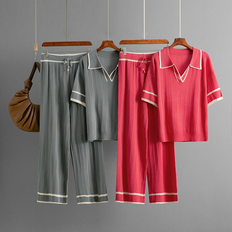 Summer Suit Polo Collar Short Sleeved Fashionable Casual Loose High Waisted Knitted Two-piece Set