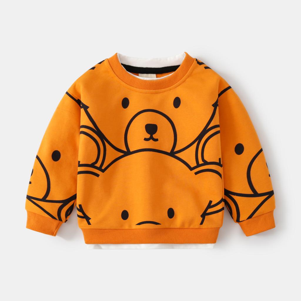 Autumn Trend Boys Sweater Monochrome Cartoon Bear Casual Top Crew Neck Cotton Long Sleeve Children's Pullover