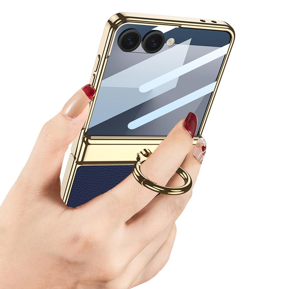 GKK For Samsung Galaxy Z Flip7 5G Kickstand Case Electroplating Magnetic Hinge Protection PU PC Tempered Glass Phone Cover