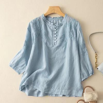 Sommer Mutter Vintage Hemden Elegant Arbeitsbluse Damen 3/4 O-Ausschnitt Ärmel Tops Stickerei Femme Causal Baumwoll-T-Shirt