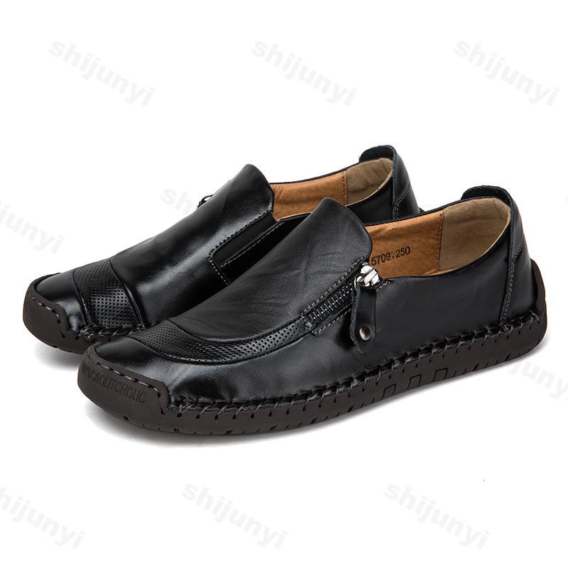 Men Leather Shoes 2025 Autumn Casual Zip Mens Loafers Driving Quality Handmade Dress Shoes Plus Size 48 Flats Moccasins Shoes
