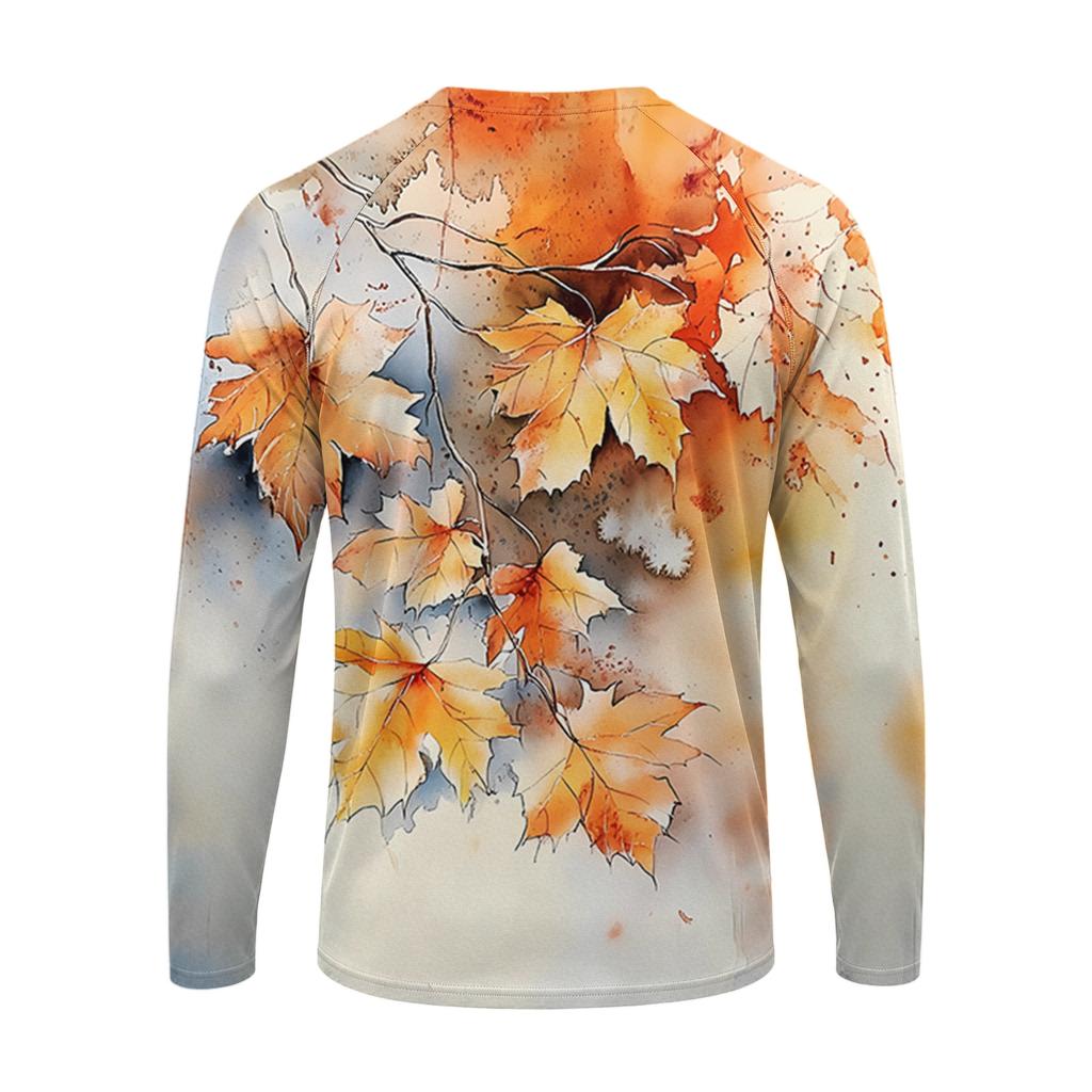 T-shirt da uomo a maniche lunghe con stampa di foglie d'acero, top casual leggero girocollo per autunno e inverno