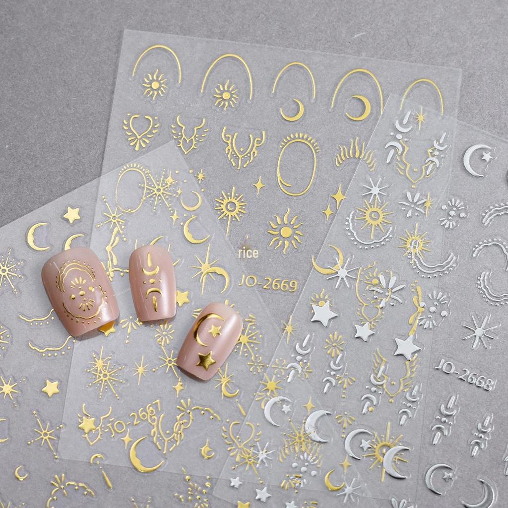 Gold & Silver Star and Moon Nail Art Stickers: Trendy Starburst Design