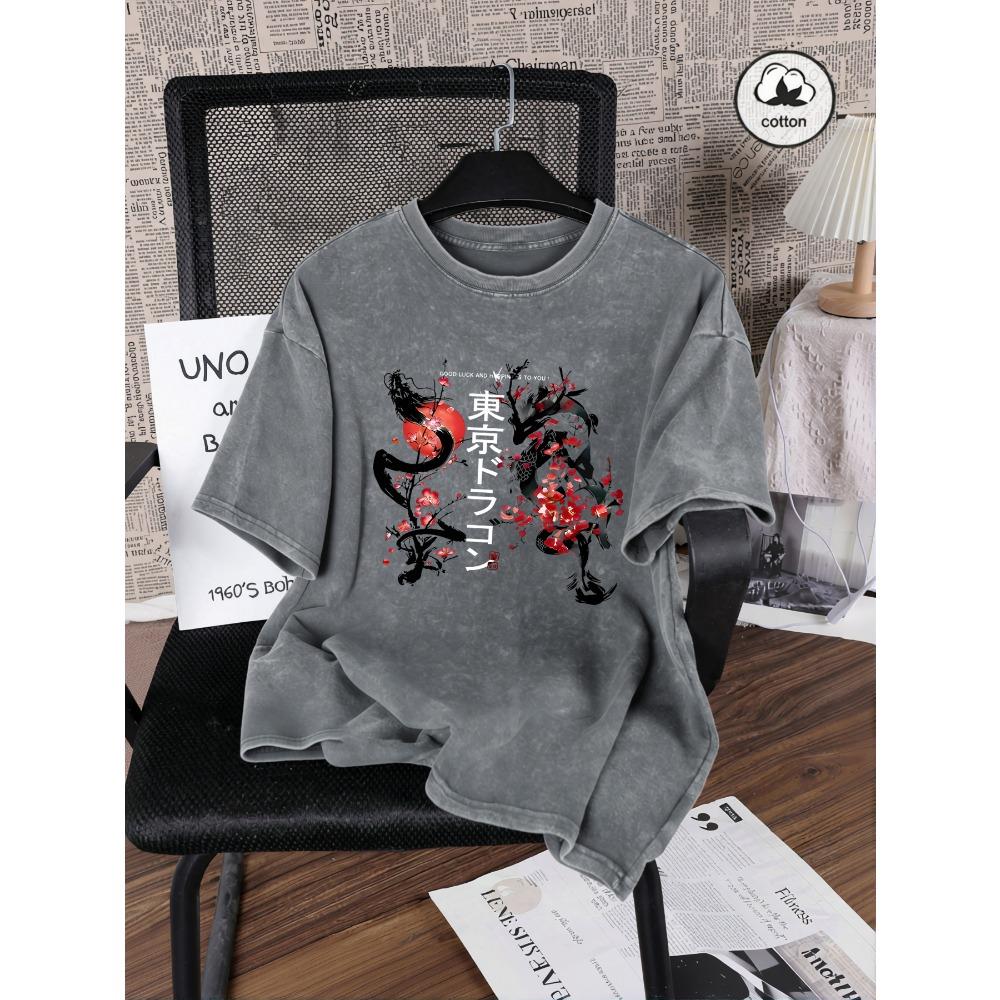 Tokyo Harajuku Dragon Cherry Blossom Print Women Washed T-Shirts Summer Cotton T Shirt Loose Short Sleeves Vintage Clothes