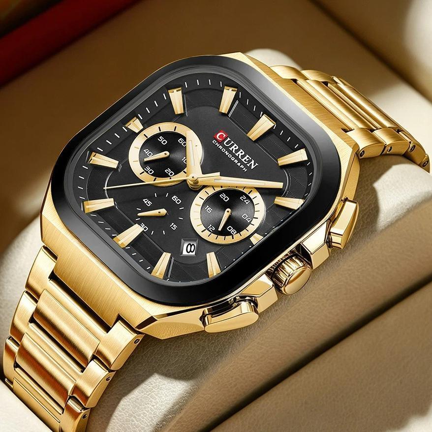 CURREN Men Square Quartz Watch Multifunction Chronograph Green Dial Waterproof Calendar Stainless Steel Mens Business Wristwatch