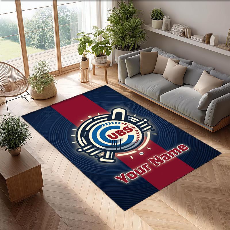 Chicago Cubs Crystal Velvet Rug, Custom Name Text Personalized Non‑Slip Floor Mat for Home Decor Gift
