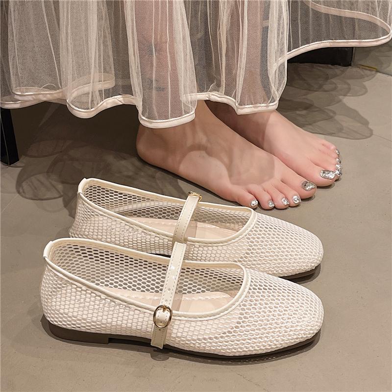 Square Toe Shallow Mouth One Strap Mesh Single Shoes Summer New Soft Sole Non-slip Low Top Shoes