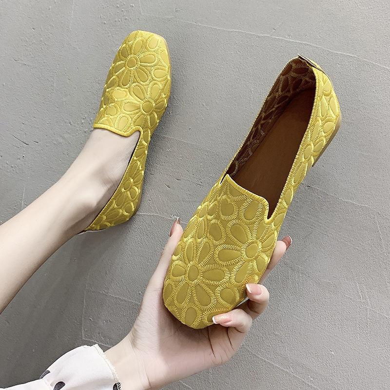Square Toe Shallow Mouth Flats Woman Bowtie Cut-outs Shoes for 2025 New Summer Slip-on Ballet Flats Women's Emboridery Loafers