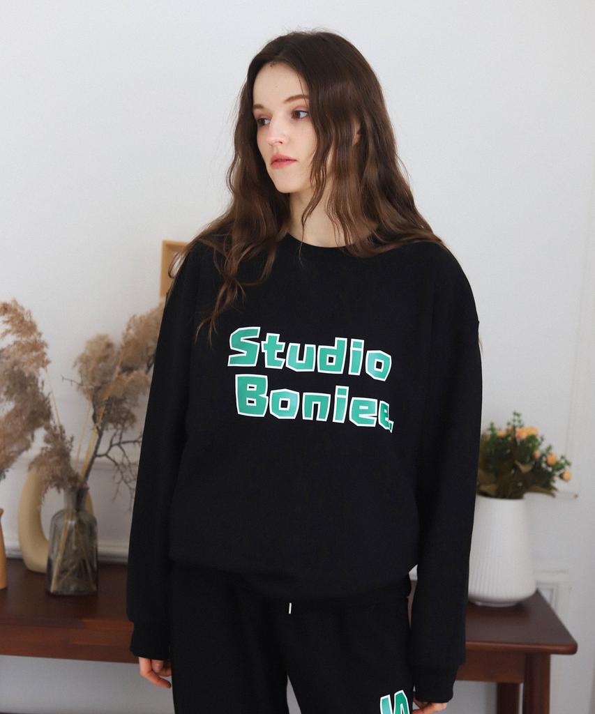 BONIEE [Fleece Lined] Block Typo Graphic Oversized Sweatshirt Black