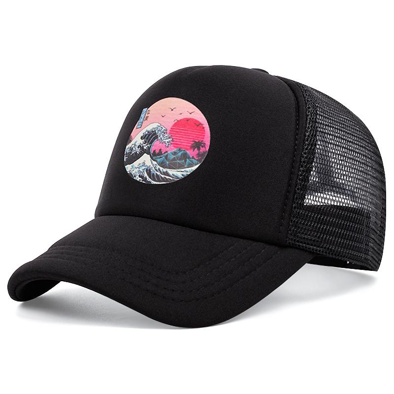 Modna czapka z siatki z ikoną fali, czapka baseballowa, męska, damska, regulowana, hip-hopowa, typu snapback, dla dorosłych, unisex, chroniąca przed słońcem, kapelusz kowbojski
