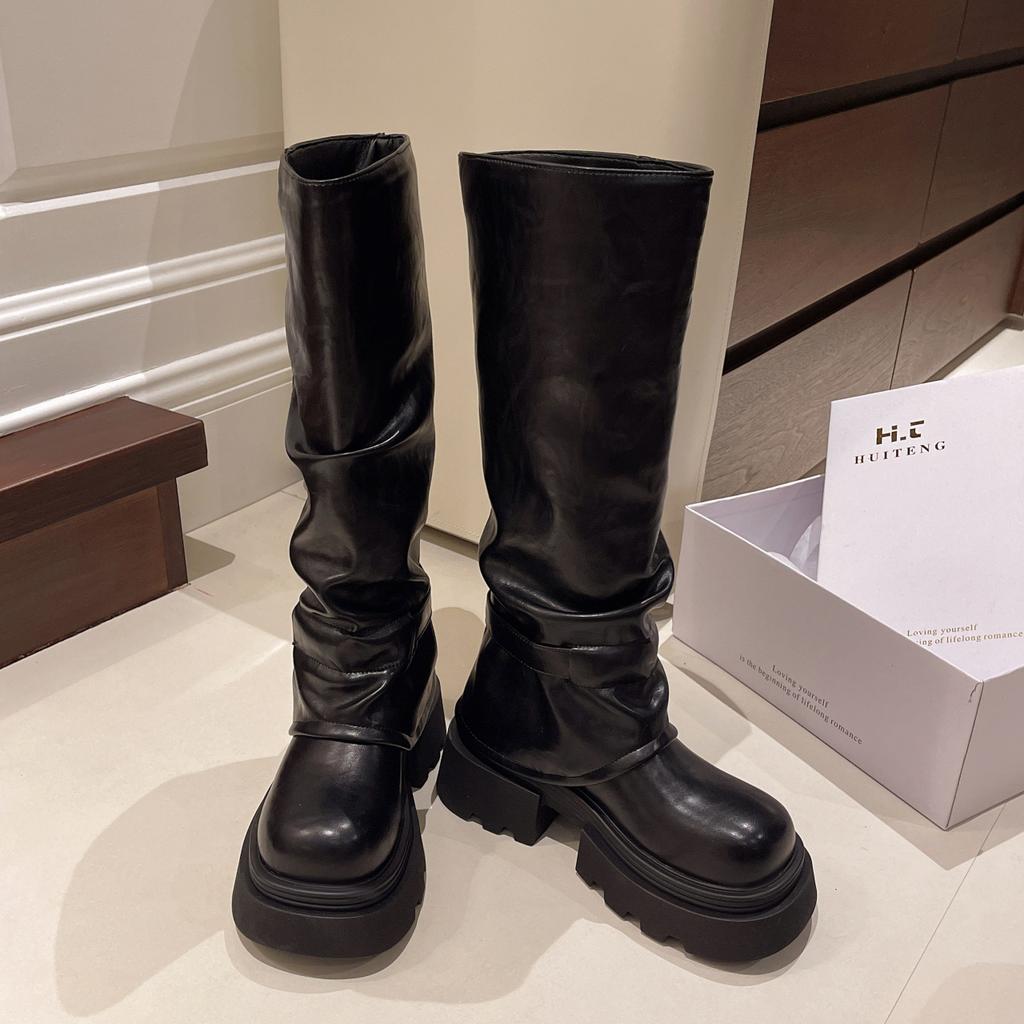 Thick Soled High Leg Boots for Women  New Autumn and Winter Brown Long Leg Boots, Pants Boots, Small Knight Boots