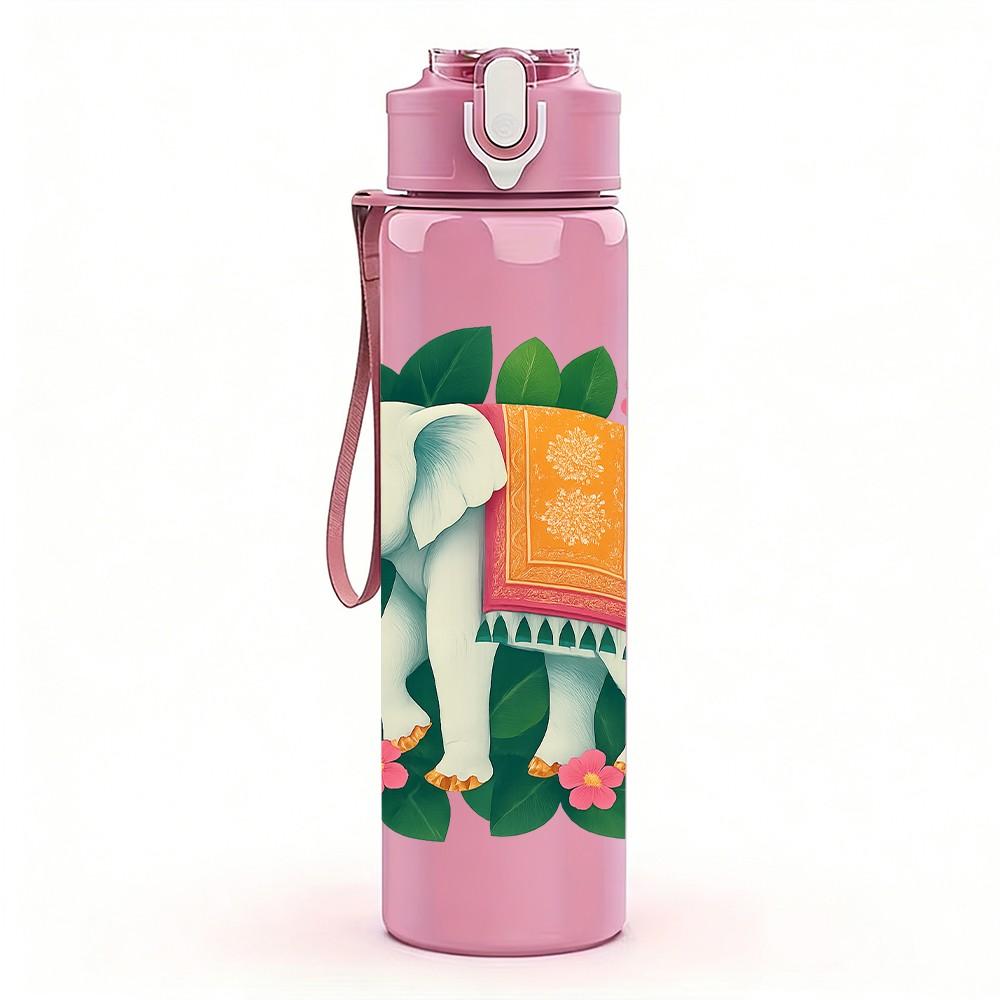 1PC Elephant Green Leaf Floral Print 750ml Color Plastic Sports Water Bottle Leakproof Flip Straw Lid Suitable for Sports Office Home Use