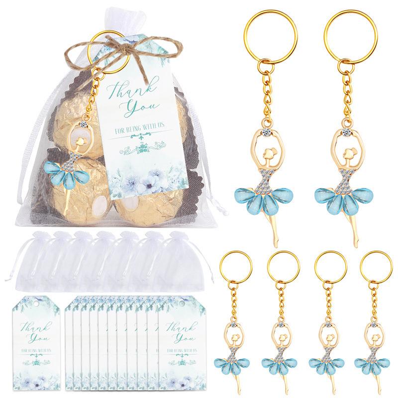 10 Sets Guests Return Gifts Including Ballet Dancer Keychains Thank You Tags White Organza Bags For Baby Shower Favors