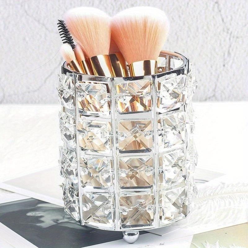 Metal Makeup Brush Storage Tube Eyebrow Pencil Makeup Organizer Bead Crystal Jewelry Storage Box