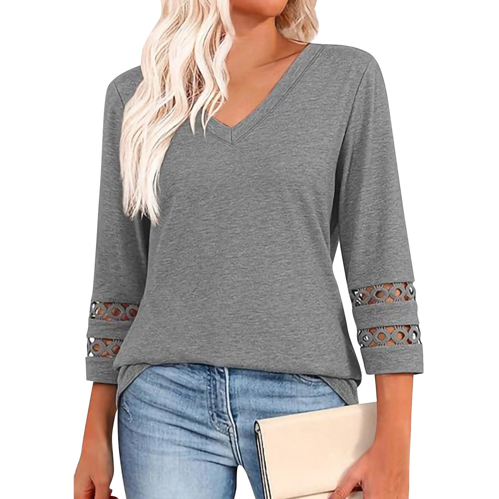 

Women s Fashion Color Loose V-neck Hollow 3/4Sleeves Female Casual Tops M