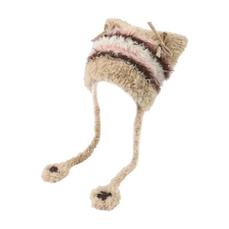 Couvre-tête de dessin animé poilu avec oreille pour sports de plein air Chapeau rayé avec oreille Couvre-chef surdimensionné Chapeau pour l'hiver