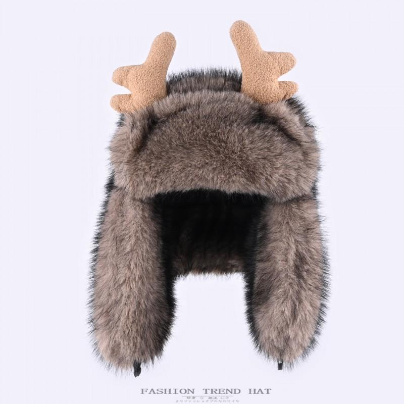 Warm Faux Mink Hat Women Men Winter Thick Ear Protection Beanie With Deer Antler Design Casual Outdoor