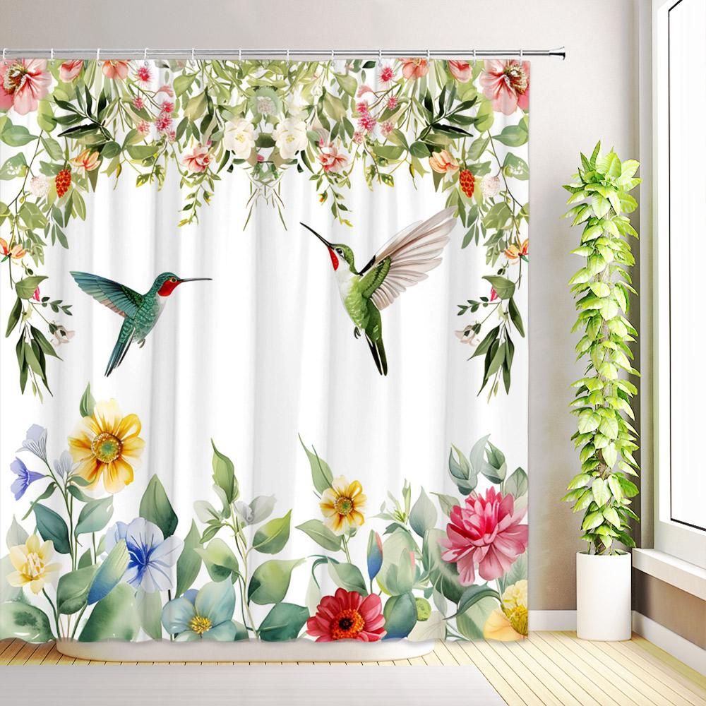 Hummingbird Floral Shower Curtain Butterfly Flower Plants Birds Watercolour Leaves Bath Curtains Home Bathroom Decor with Hooks