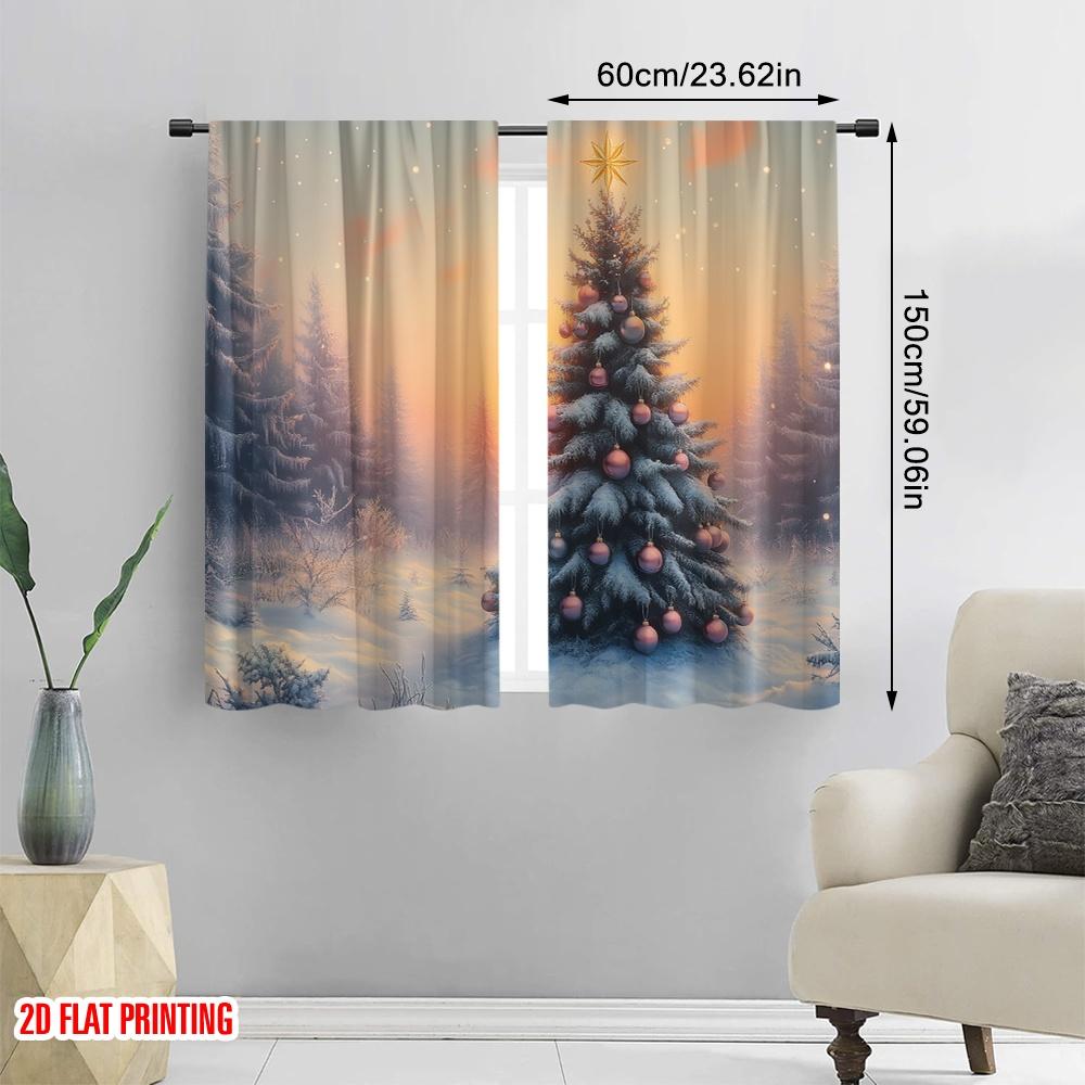 2pcs,2D Plane Printing Print Curtains Christmas Tree Snow Winter Sunset (3) 100% Polyester (without Rod) Festive Use for