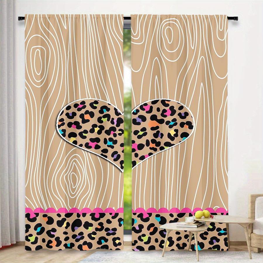 2er-Pack Stilvolle Holzmaserung und Buntes Leopardenherz Vorhänge Flaches 2D-Druckdesign Lichtfilternder Stoff Schlafzimmer Wohnzimmer