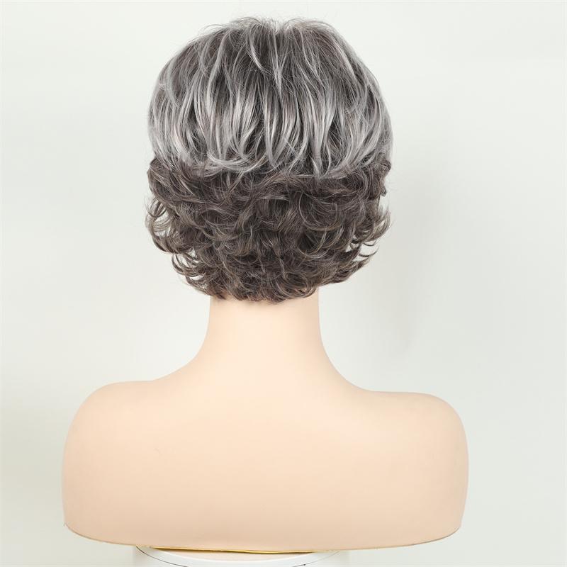 Synthetic Mommy Hair Mixed Brown Wigs for Women Short Curly Wig with Bangs Daily Party Drag Queen Costume Pixie Cut Hairstyle