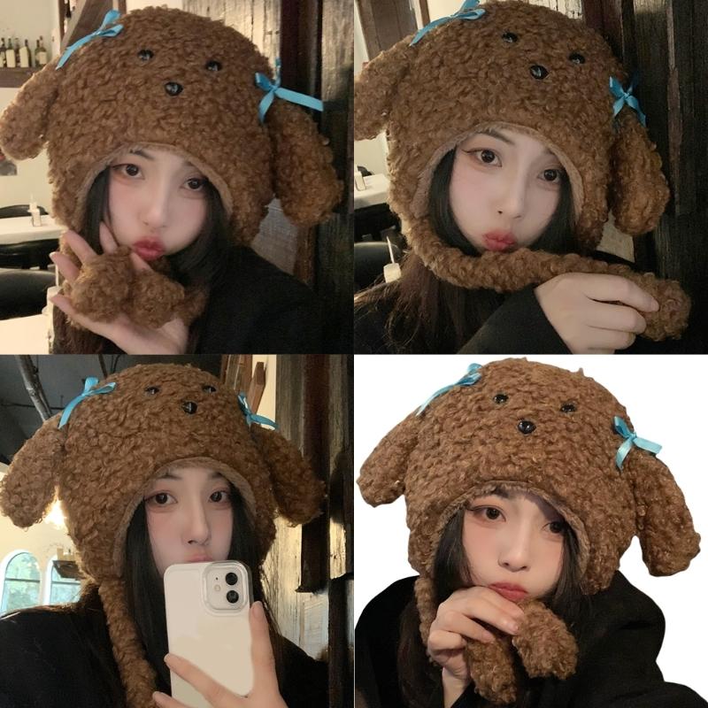 Cartoon-Mütze Verdicktes Stirnband Felliger Welpe Weiche Verdickte Kapuze für Damen Outdoor-Bekleidung für Wintersportarten Radfahren Skifahren