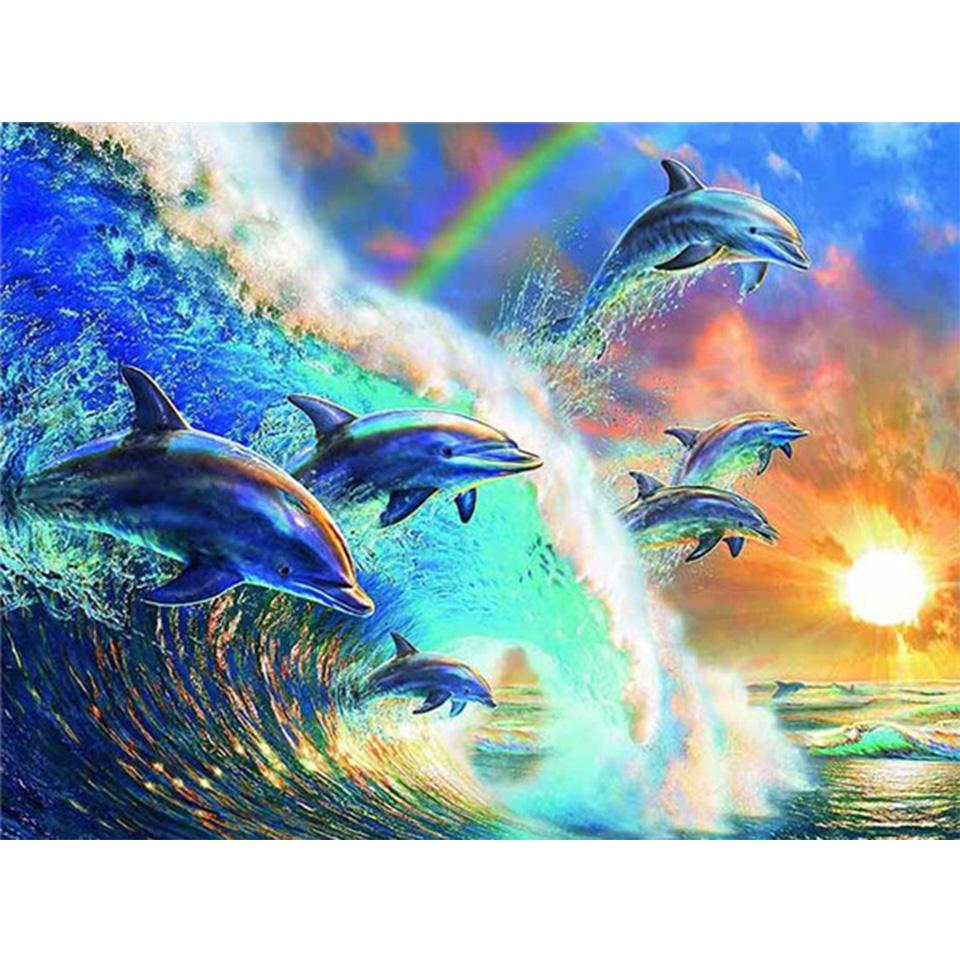 5D DIY Diamond Painting Full Round Animal Dolphin Diamond Embroidery Painting Cross Stitch Kit Home Decoration Rhinestone Gift