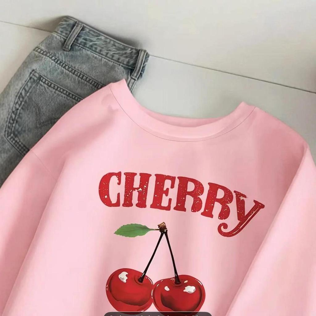Women's Autumn Cherry Print White Round Neck Long Sleeve Loose Hoodie
