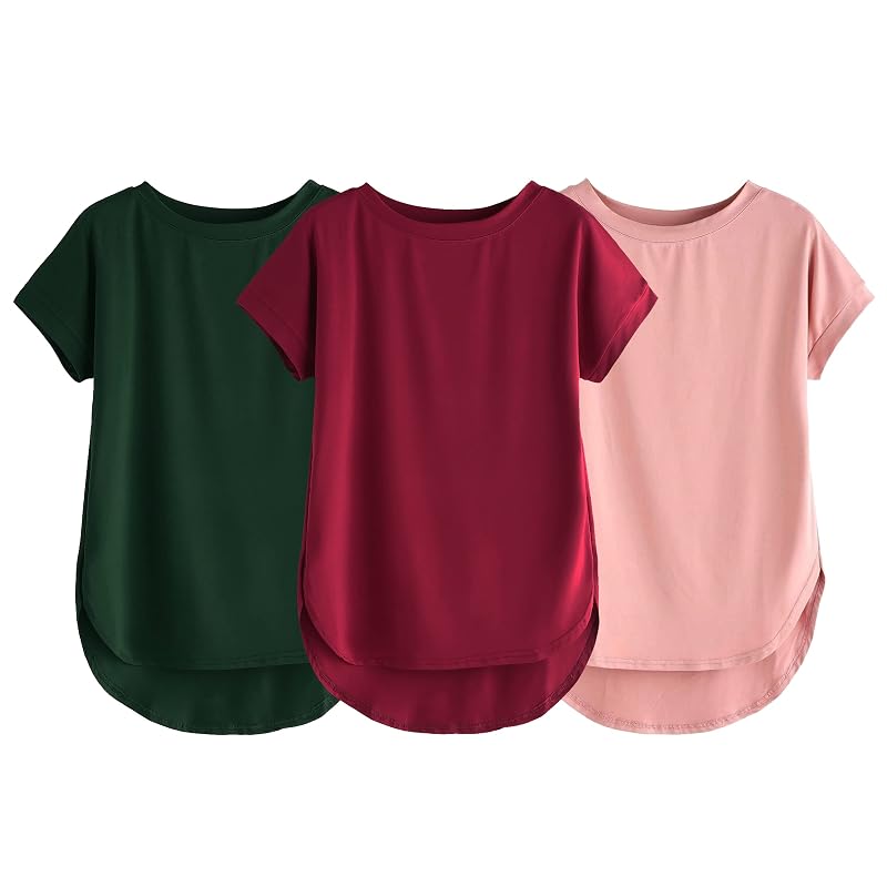 Fabricorn Combo Of Three Plain, Bottle And Dusty Rose Round Neck Up And Down Cotton Tshirt For Women (Maroo