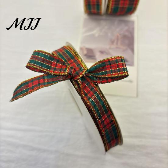 Wired Edge Ribbon for Holiday Decor Christmas Tartan Plaid with Gold Trim, Woven Fabric Ribbon, Vintage Red Crafts Green Gift Wrapping, Floral Decor,