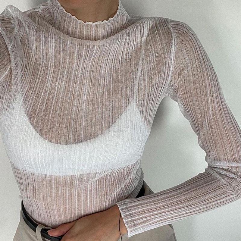 Long-Sleeve Mesh See-Through High-Neck Slim-Fit Women's Top
