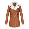 Long-sleeved plus velvet leather jacket women's lapel double-headed zipper belt warm jacket