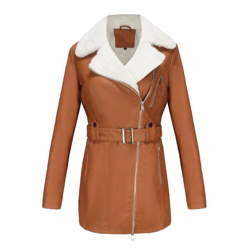 Long-sleeved plus velvet leather jacket women's lapel double-headed zipper belt warm jacket