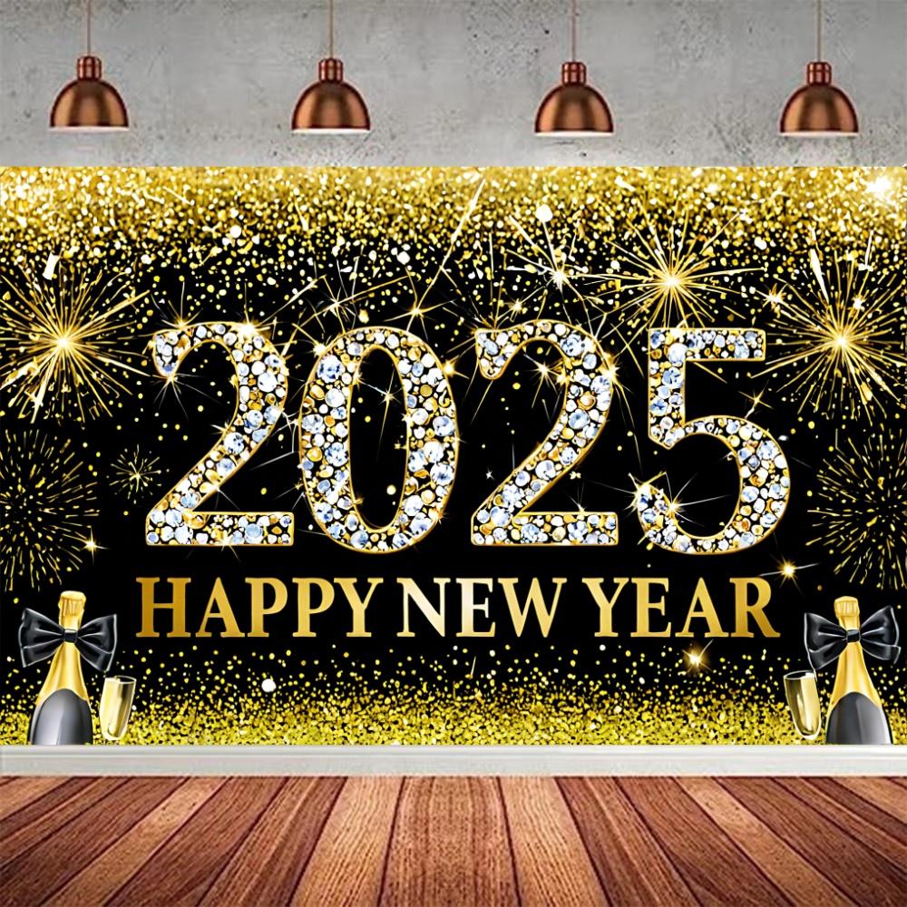 2025 New Year Theme Party Background Fireworks Golden Balloon Clock Banner Decoration Happy New Year Family Photo Supplies