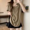 Women Asymmetrical Cut-out T-shirt with Chain Detail Crew Neck Short Sleeve Oversized Loose Fit Solid Color Tee