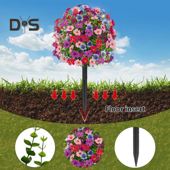 Artificial Violet Topiary Ball UV Resistant Violet Blooms Fake Evergreen Plants Flowers Brush with Ground Spike for Outdoor Indoor Garden Decor