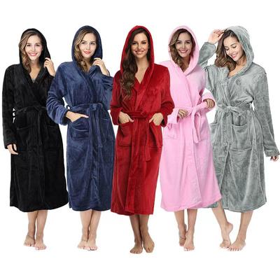 Autumn Winter Flannel Thickened Thermal Robe Long Lace-up Solid Color Hooded Night-robe Bathrobe Womens Gift