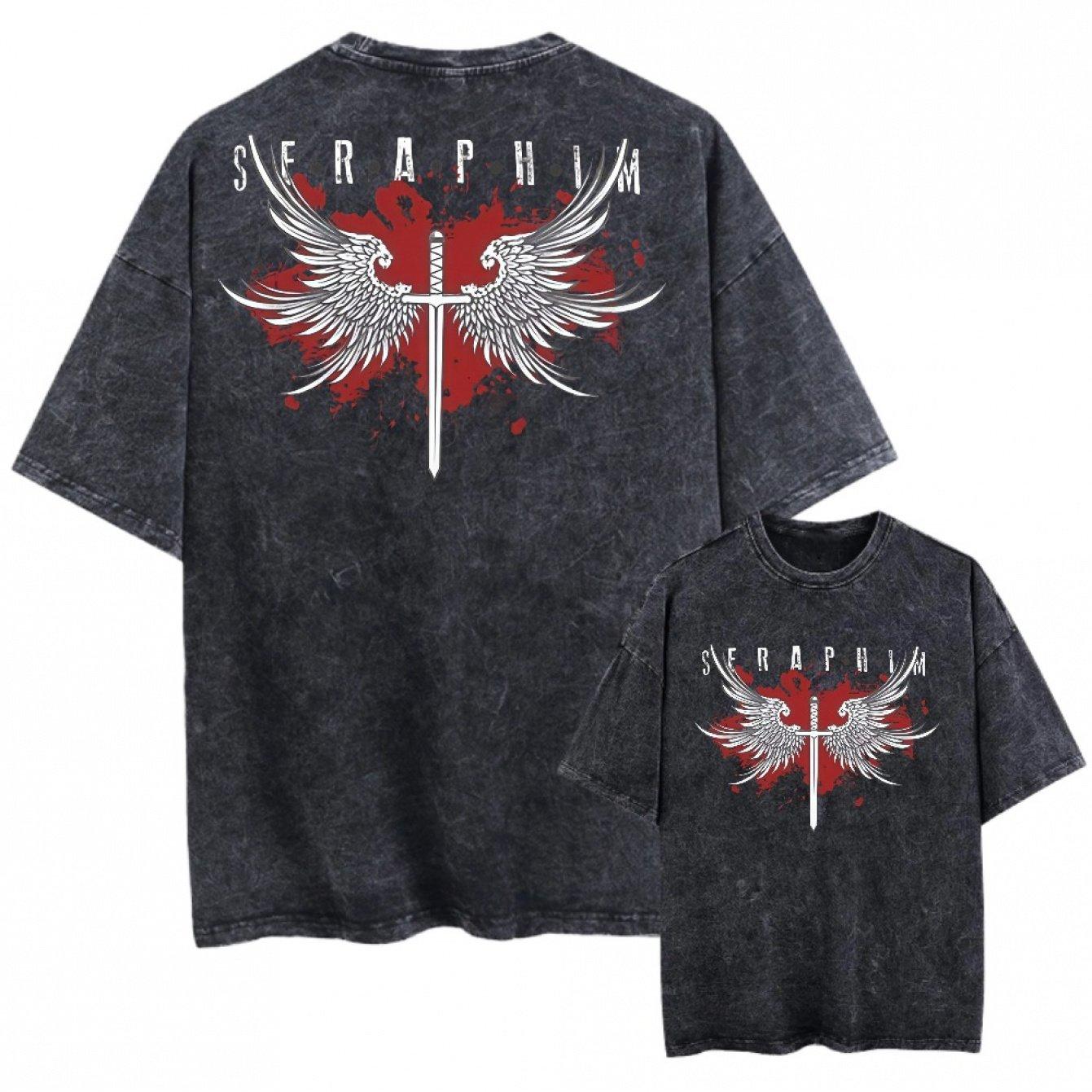 Retro Style Black Tshirt with Angel Wings and Sword Pattern Red Tshirt Background M