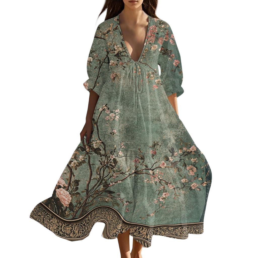 Women's Summer Fashion V-neck Retro Floral Print Short Sleeved Beach Dress With Lace Patchwork Dress