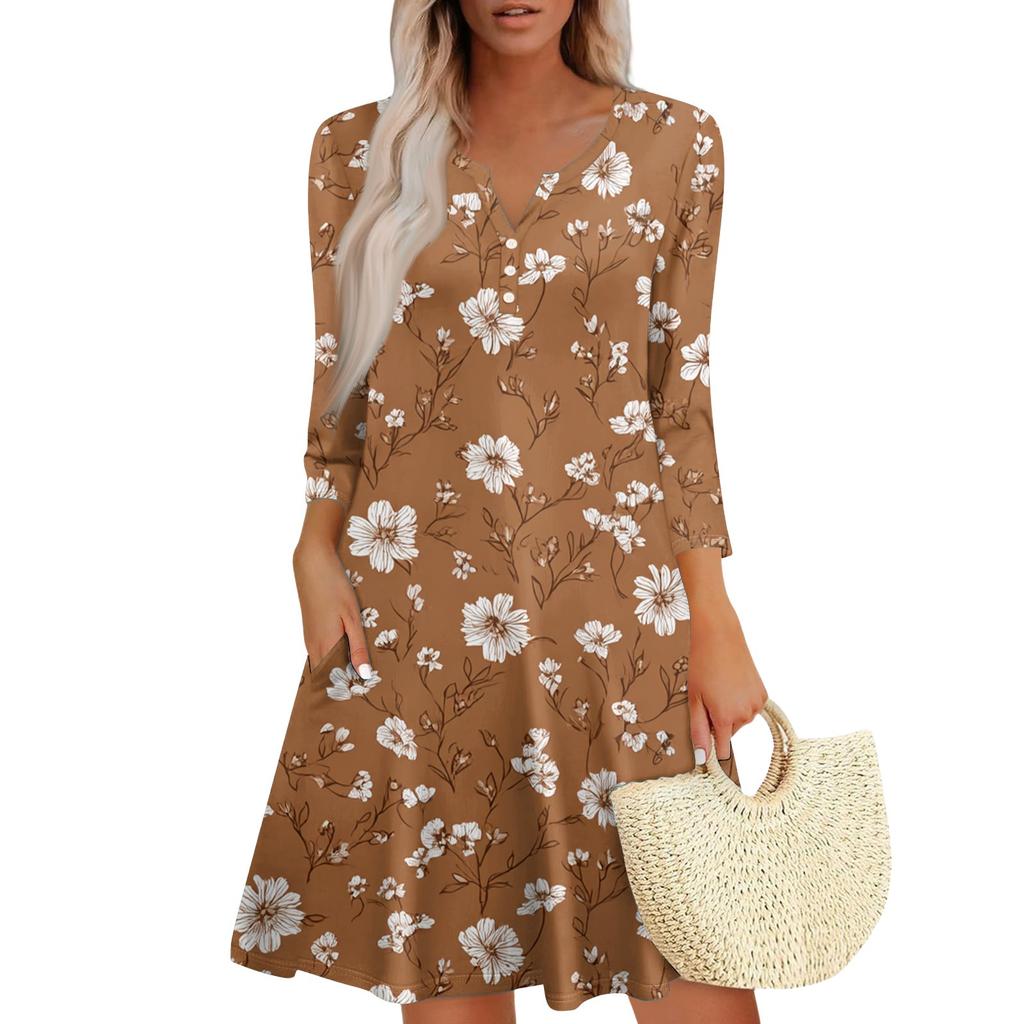 Damen Modisches V-Ausschnitt Knopf Sieben-Achtel-Ärmel Manschette Tasche Blumenkleid