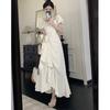 Vestido corto blanco de manga corta con cordones en V para mujer, nuevo de verano, estilo suave, con volantes en el borde de hoja, cintura y falda fina irregular