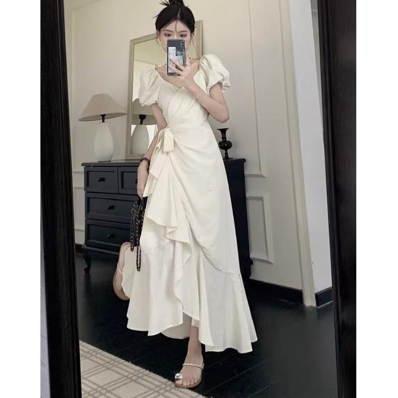 Vestido corto blanco de manga corta con cordones en V para mujer, nuevo de verano, estilo suave, con volantes en el borde de hoja, cintura y falda fina irregular