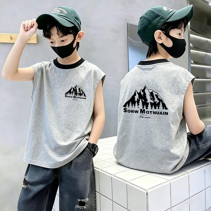 Boys' Color Block Cotton Vest T-Shirt - Summer 2026 Casual Sleeveless Top for Medium & Large Sizes