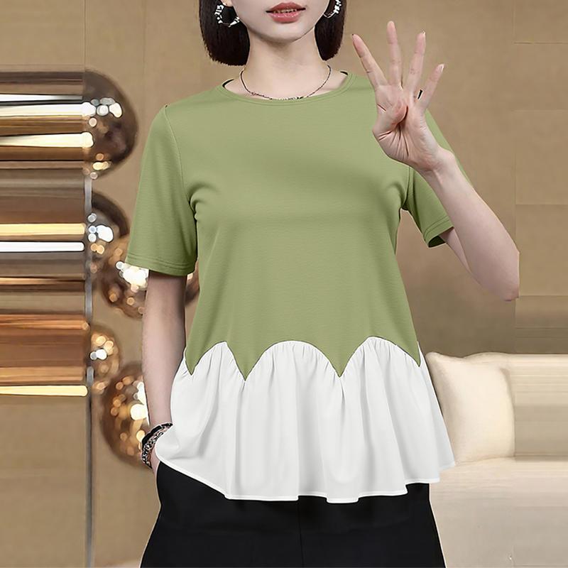 

ZANZEA Women Casual Round Neck Patchwork Loose Short Sleeve Blouse 5XL зелёный