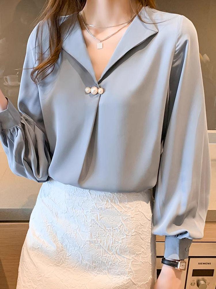 

2024 Женская Модная Шифоновая Блузка с V-образным вырезом и Длинным Рукавом X-Large королевский синий