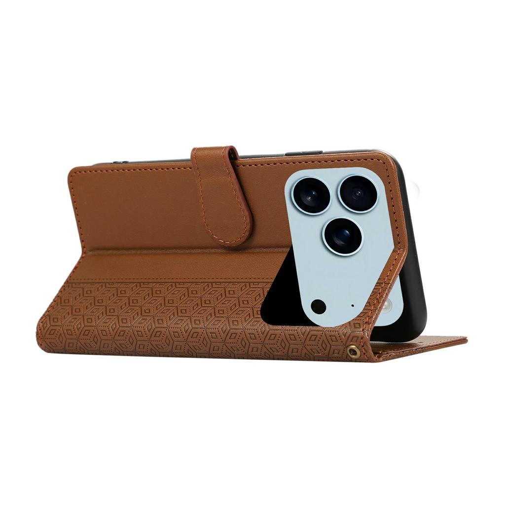 For iPhone 17 Pro Case Splicing Imprinted Rhombus Leather Phone Cover with Wrist Strap