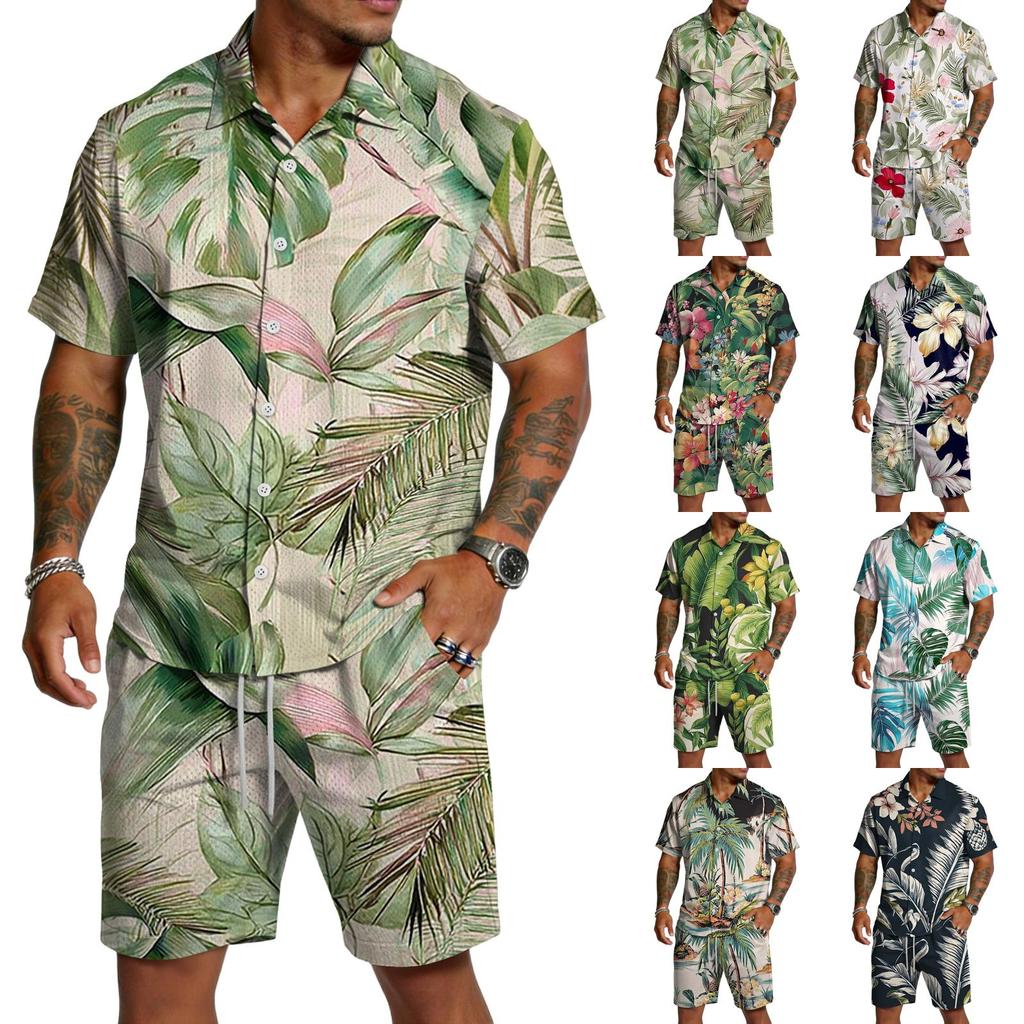 Men's Casual Printed Lightweight Breathable Shirt and Drawstring Shorts Set