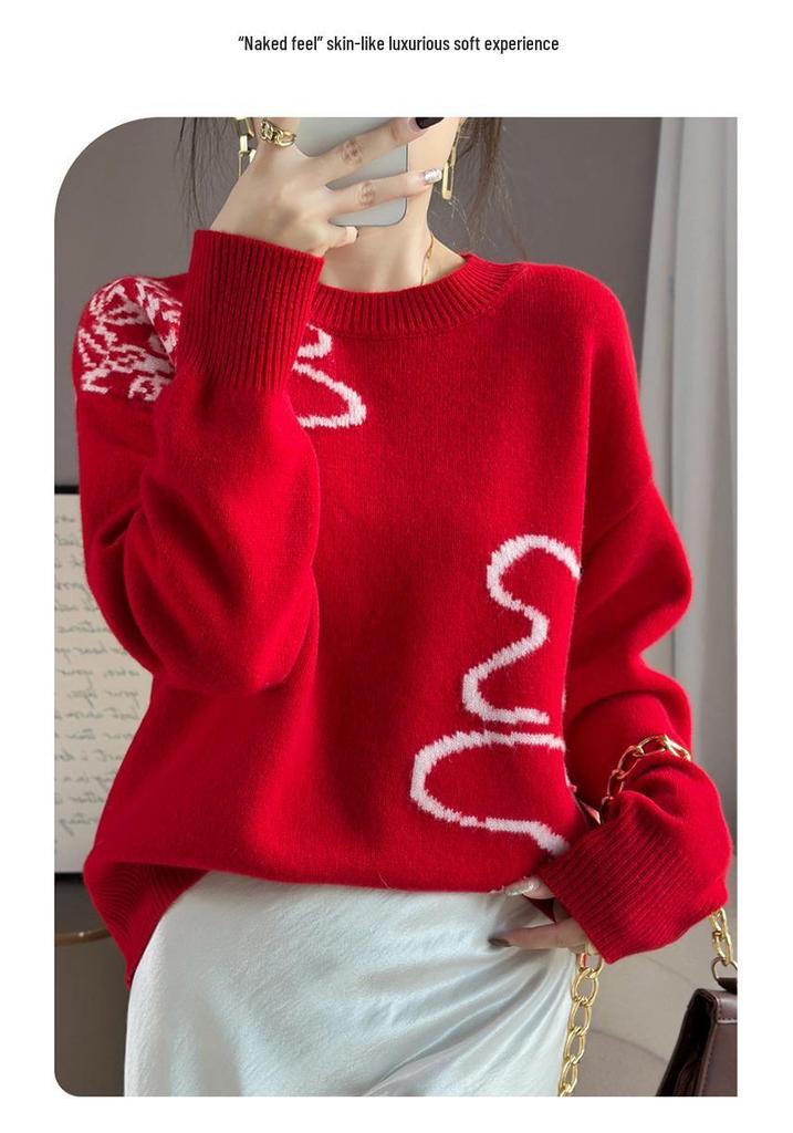 Women's Round Neck 100% Pure Wool Jacquard Knit Pullover Sweater - Warm, Slimming Autumn/Winter Top