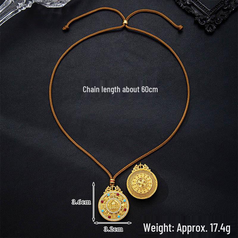 Ancient Gold Sand Eight-Treasure Compass Blessing Necklace - Chinese Retro Copper Alloy Jewelry