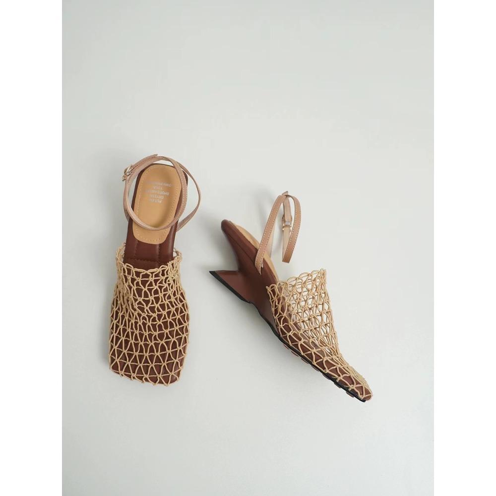 Summer Luxury Designer Sandals Women's Lace Mesh Square Toe Shallow Narrow Strap Braided Slip-on High Heels Sandals